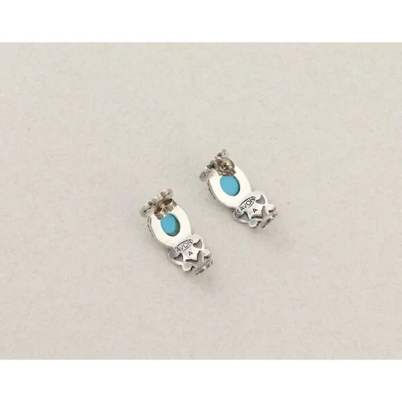 Sterling Silver Blue Turquoise Half Hoop Earrings Avon 3/4" x 3/8" - Picture 6 of 8